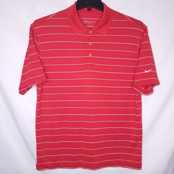 Nike Polo Shirt Mens Medium Striped Red Dri Fit Golf Swoosh - Picture 2 of 12